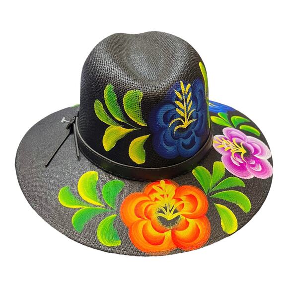 HAT MEXICAN Artisanal Hand Painted Fedora Floral Sombrero Panama Bohemian Black main image 5